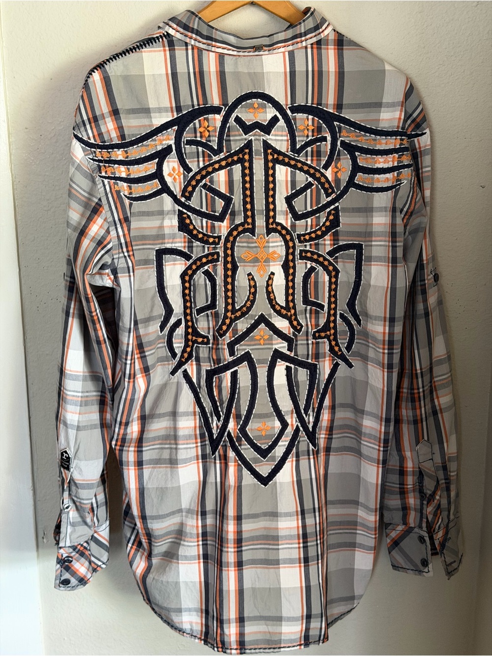ROAR Gray Orange embroidered design long-sleeve button-down Shirt Men L